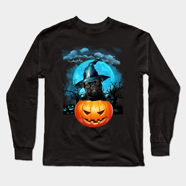 Black Pug Witch Hat Pumpkin And Blue Moon Halloween Long Sleeve T-Shirt by Centorinoruben.Butterfly